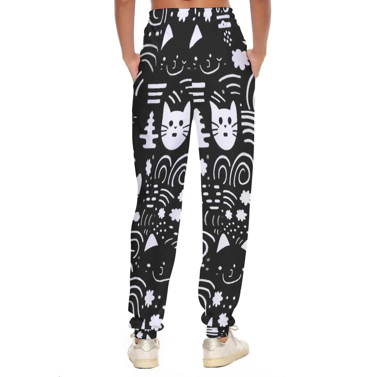 All-Over Print Women's Casual Pants 249 Black with white cat print