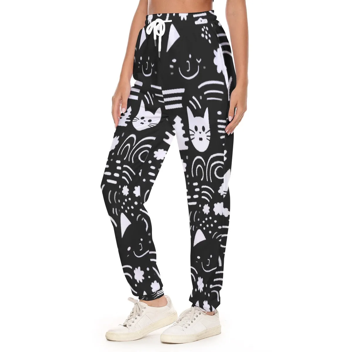 All-Over Print Women's Casual Pants 249 Black with white cat print