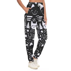 All-Over Print Women's Casual Pants 249 Black with white cat print
