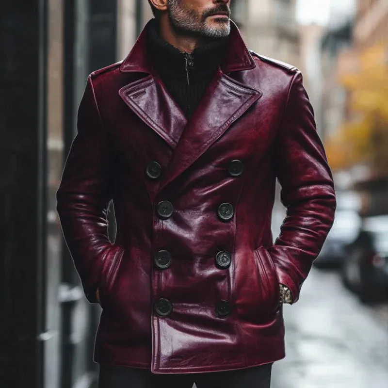 BACKWOODS | Men's Vintage Notch Lapel Double Breasted Slim Fit Leather Coat
