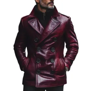 BACKWOODS | Men's Vintage Notch Lapel Double Breasted Slim Fit Leather Coat