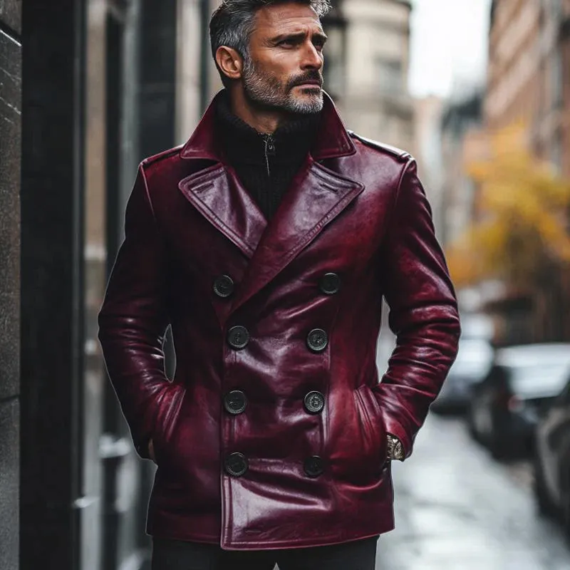 BACKWOODS | Men's Vintage Notch Lapel Double Breasted Slim Fit Leather Coat