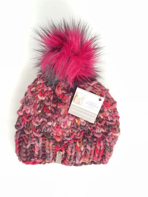 Bamboo Beanie in Raspberry Swirl/Raspberry pom with black tips