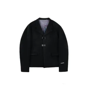 Double Row Custom Adjustable Button Short Woolen Jacket Black