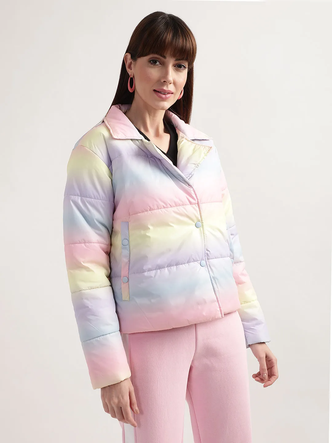 Elle Women Multi-Color Dyed Collar Neck Full Sleeves Puffer Jacket