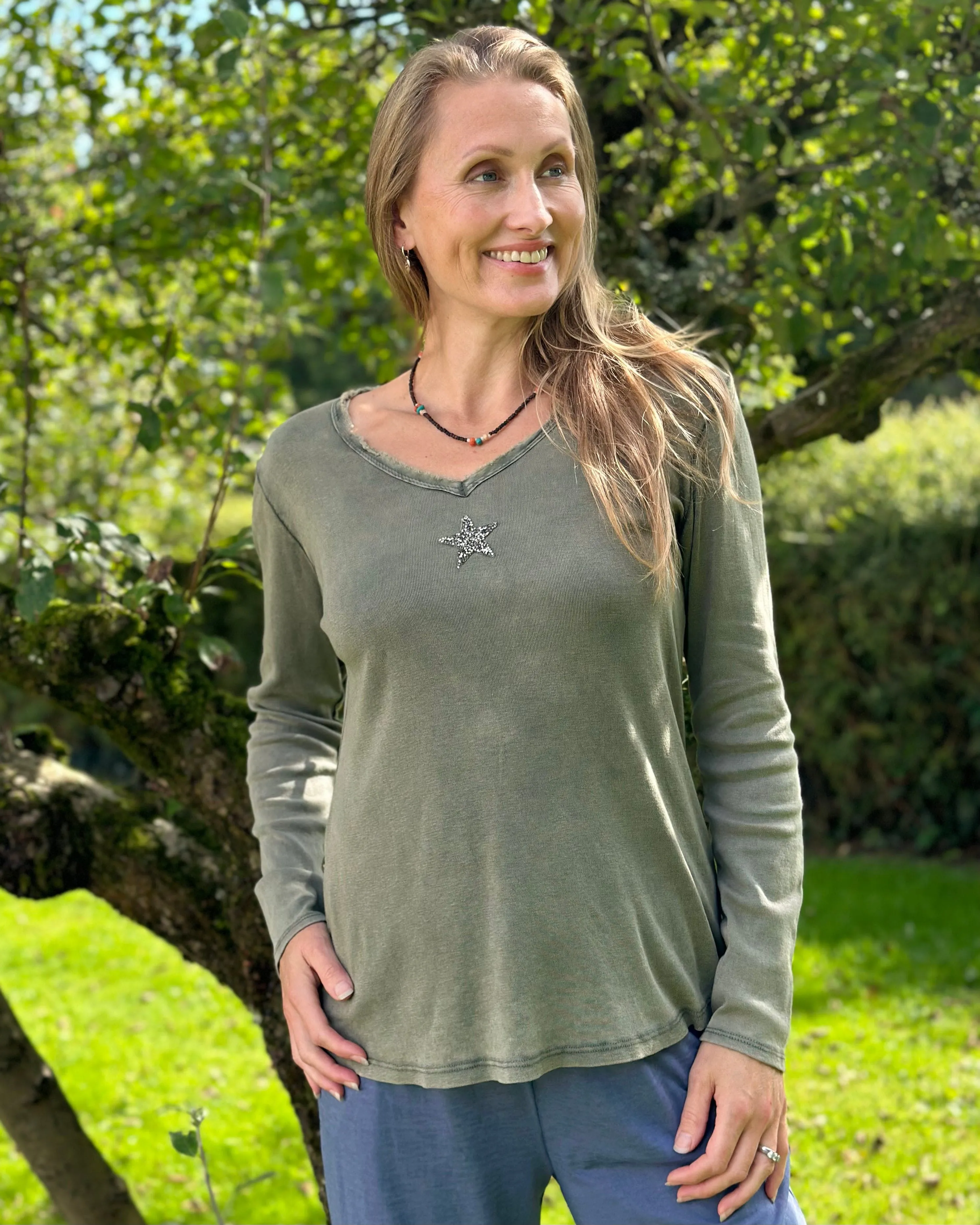 Sequin Star Long Sleeved T-Shirt - Khaki