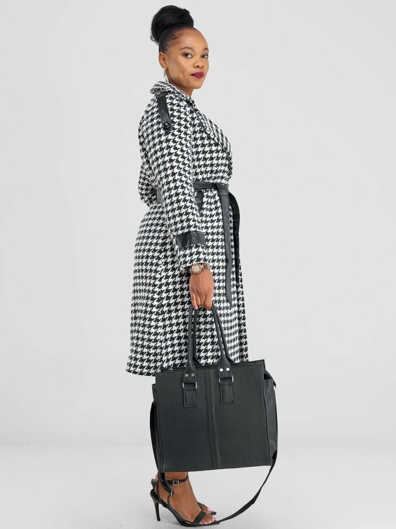 Stylish Sisters Houndstooth Trench coat Jacket - Black / White