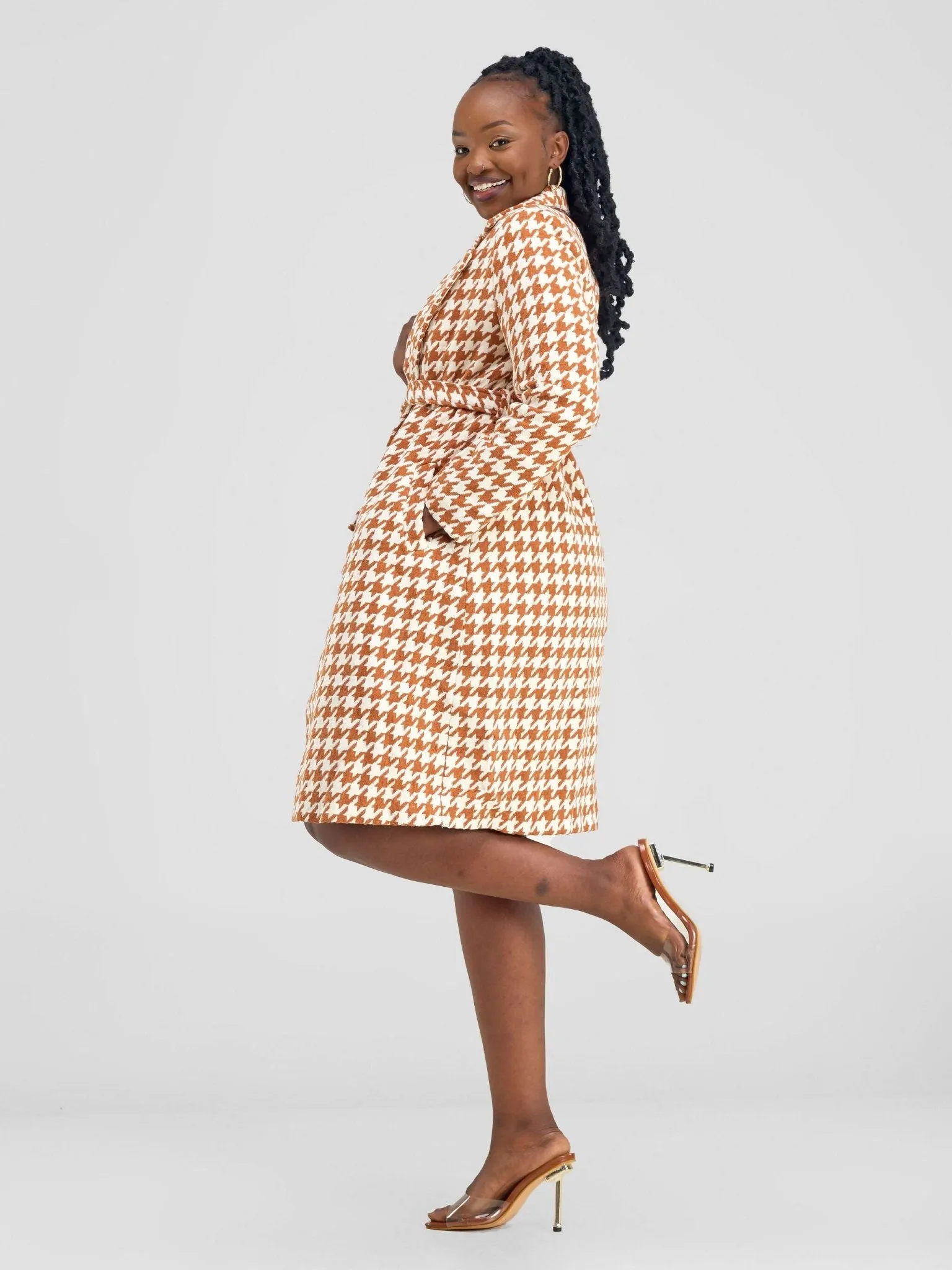 Stylish Sisters Houndstooth Trench - Coat Jacket - Orange / White