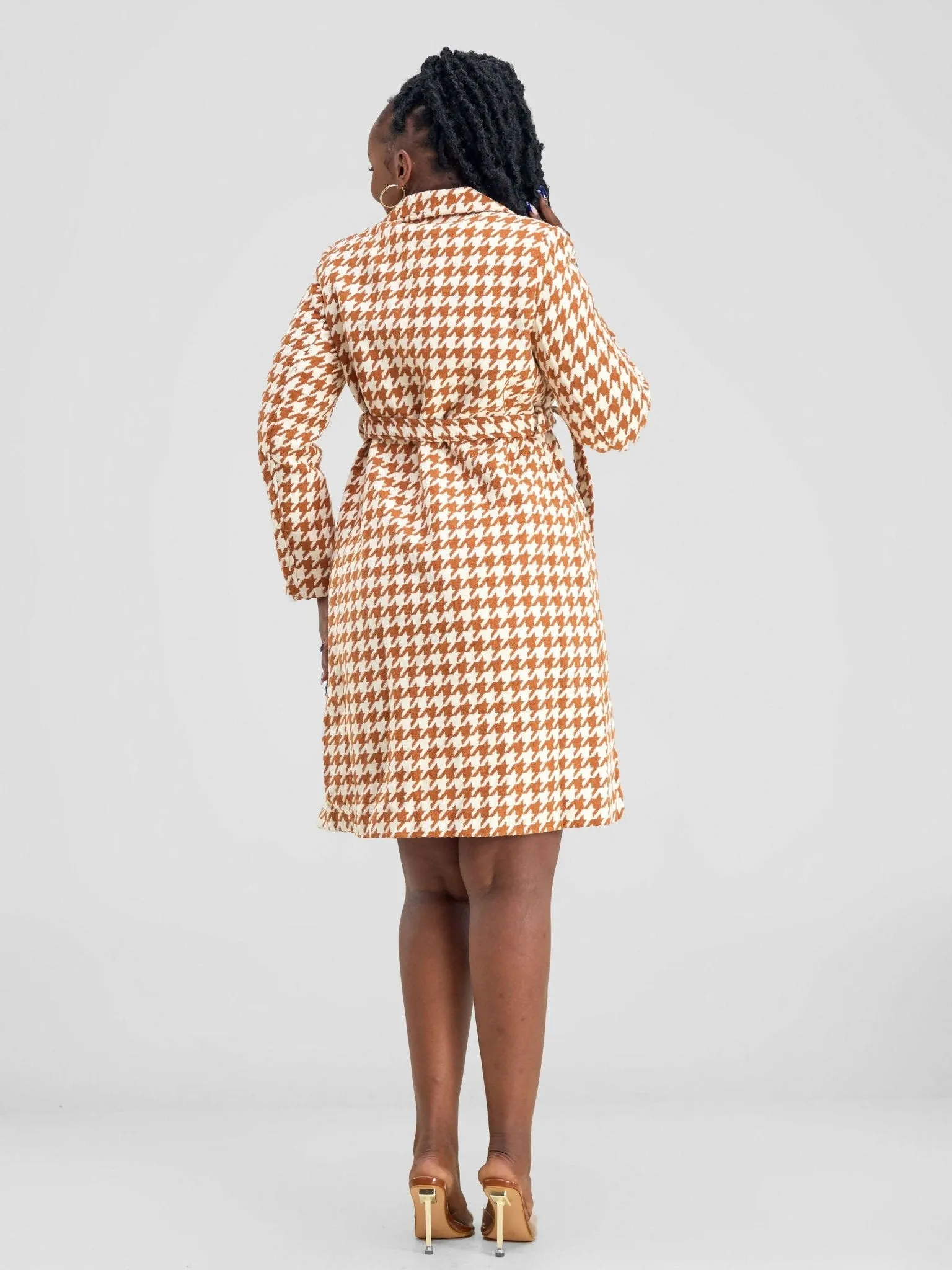 Stylish Sisters Houndstooth Trench - Coat Jacket - Orange / White