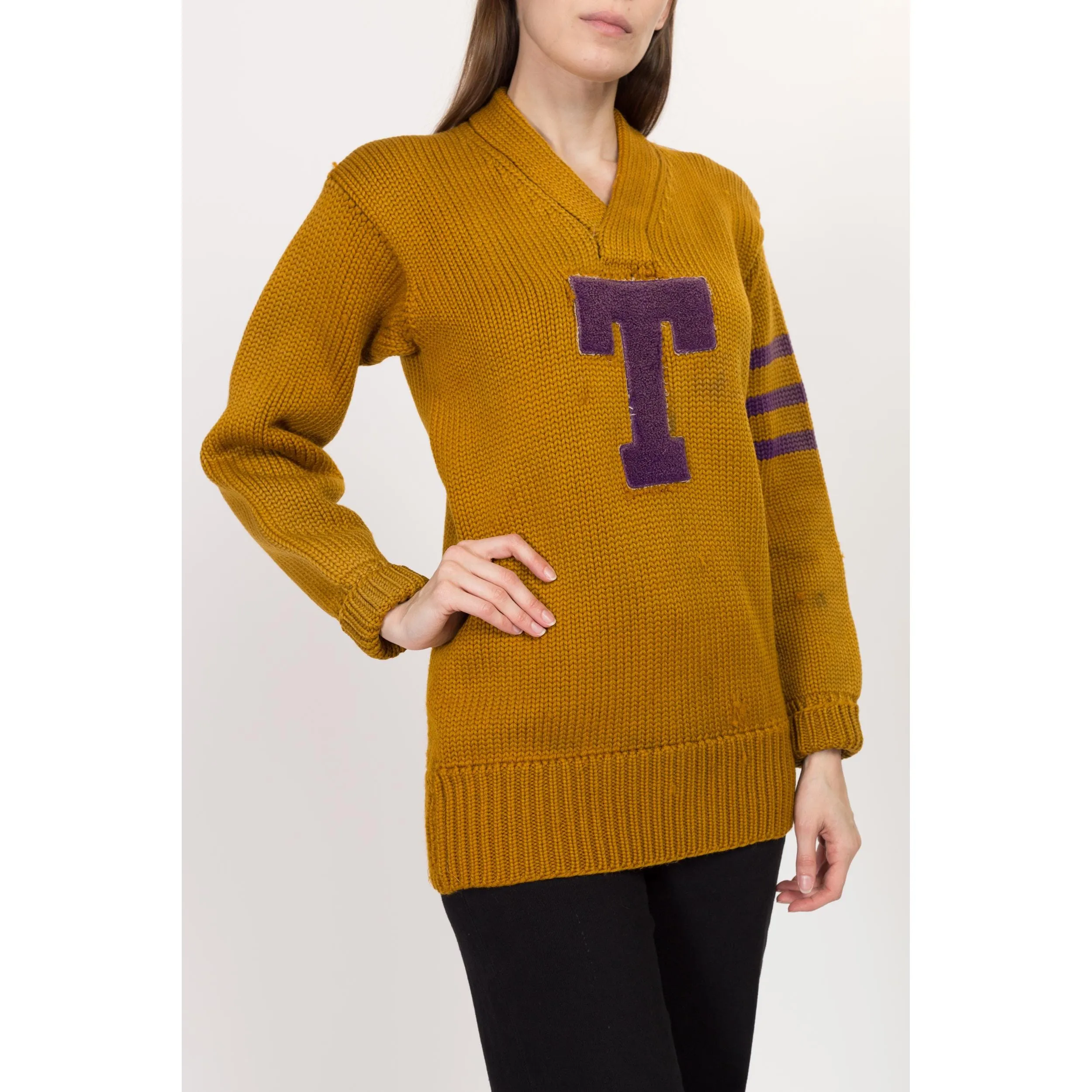 XS-Sm 1930s Mustard Yellow Varsity Letterman Sweater Unisex