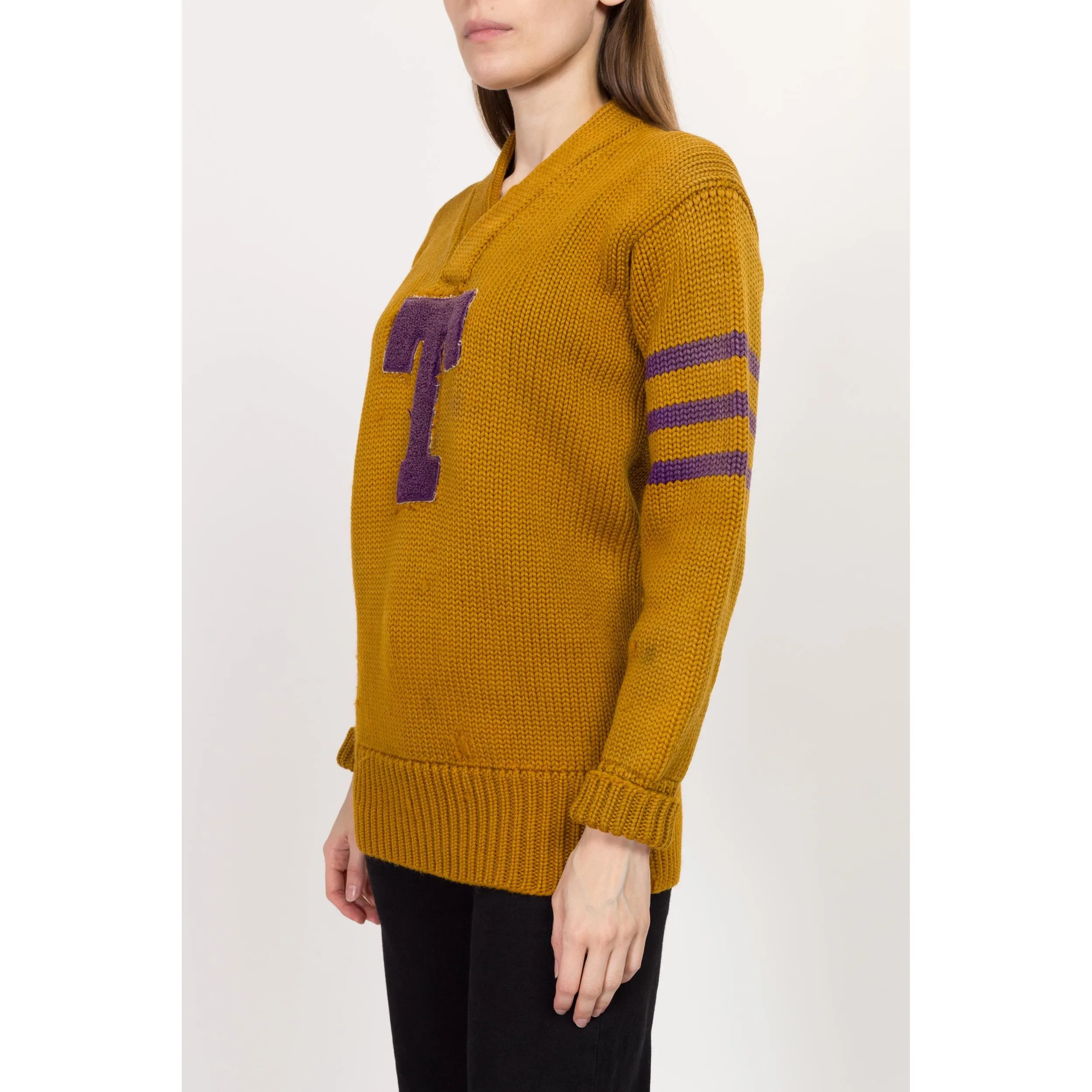 XS-Sm 1930s Mustard Yellow Varsity Letterman Sweater Unisex