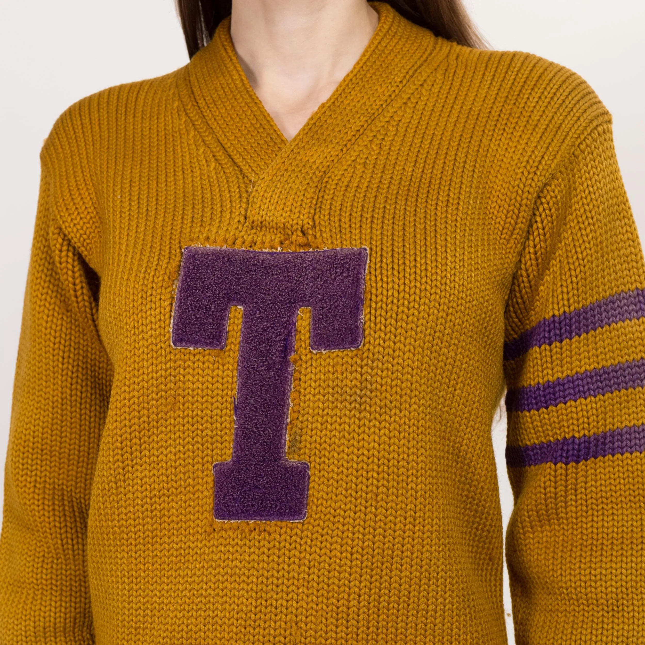 XS-Sm 1930s Mustard Yellow Varsity Letterman Sweater Unisex
