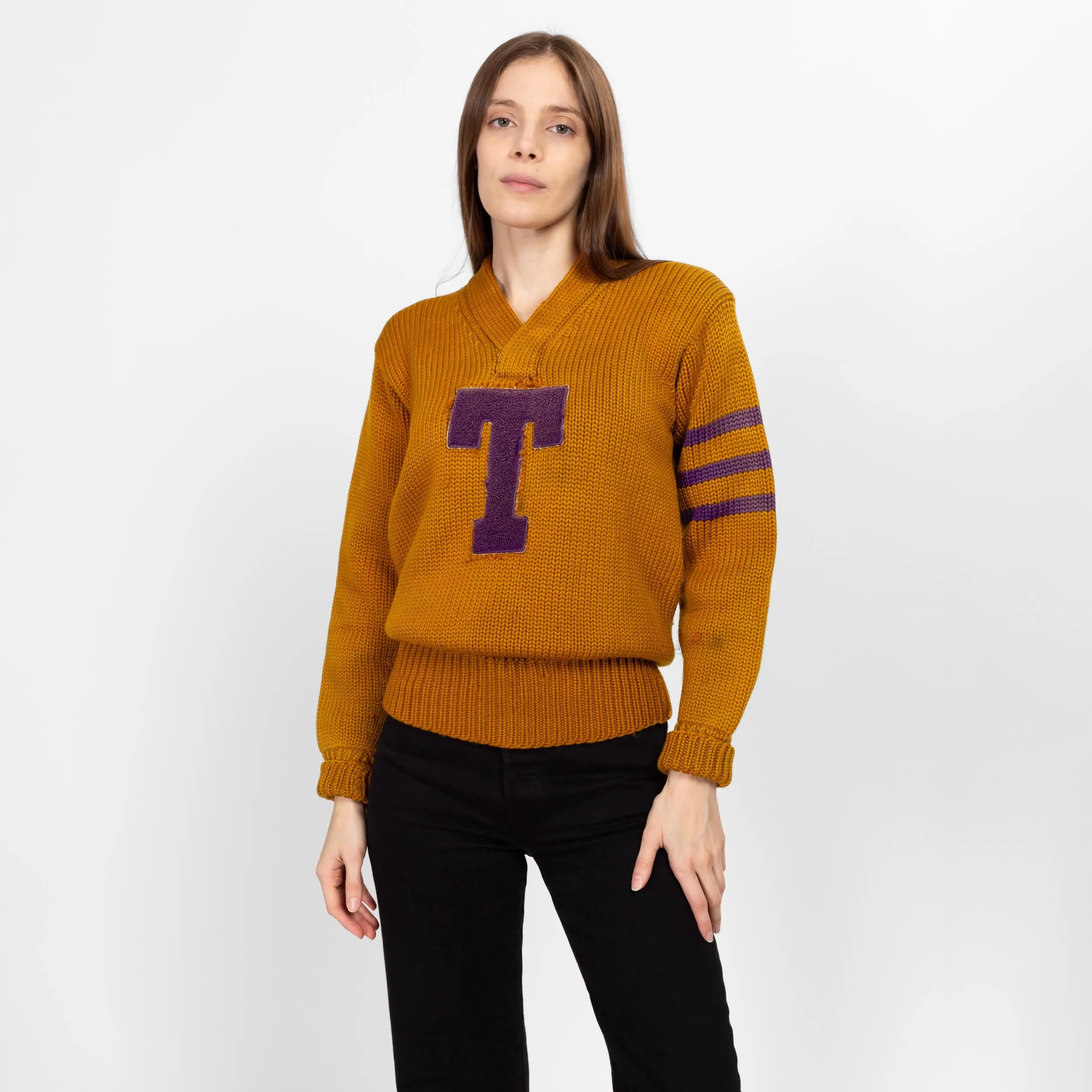 XS-Sm 1930s Mustard Yellow Varsity Letterman Sweater Unisex