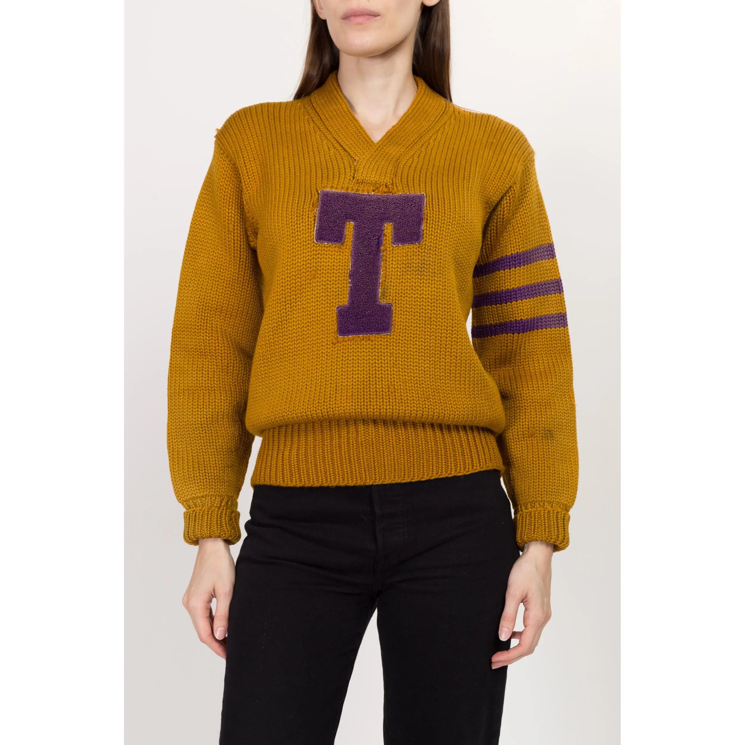 XS-Sm 1930s Mustard Yellow Varsity Letterman Sweater Unisex