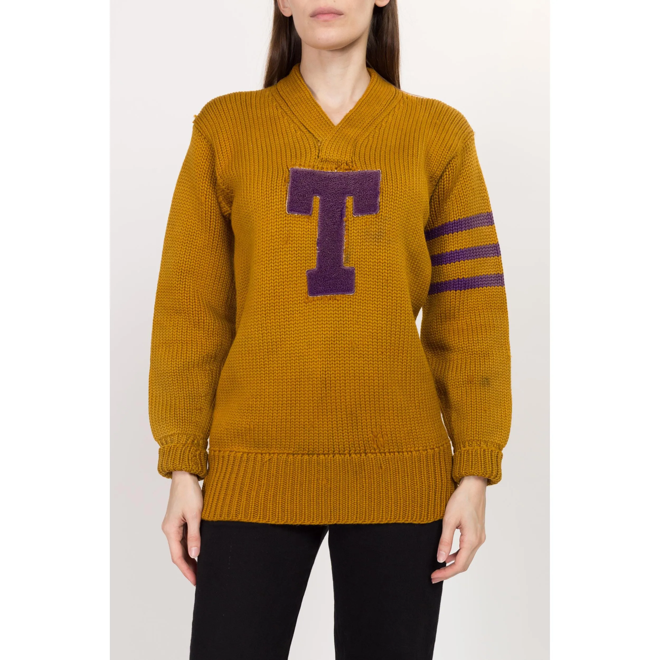 XS-Sm 1930s Mustard Yellow Varsity Letterman Sweater Unisex